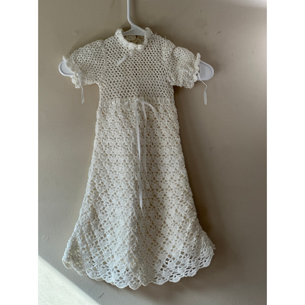 Vintage Handmade Crochet Christening Gown Ivory Baptism Dress Ribbon Tie Cream